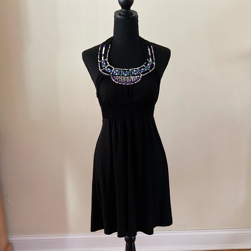 Back Party dress with Sequin and bead detailing around halter neck Juniors Small